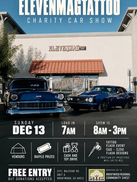 Eleven Mag charity car show flyer: Sunday December 13, 8am to 3pm, free entry, vendors, raffle prizes, cash and toy drive