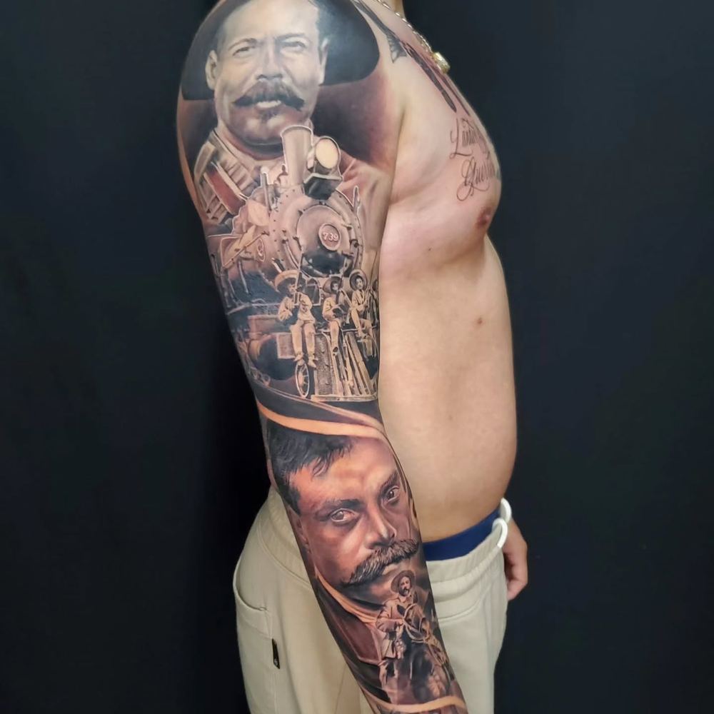 Portrait sleeve tattoo by Adrian