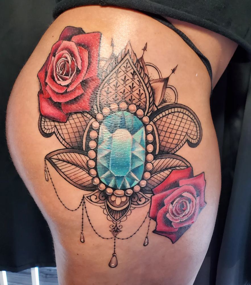Roses & turquoise tattoo by Adrian Castro