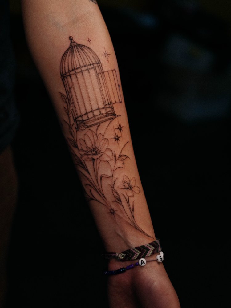 Birdcage & flowers tattoo by Ash Barroga