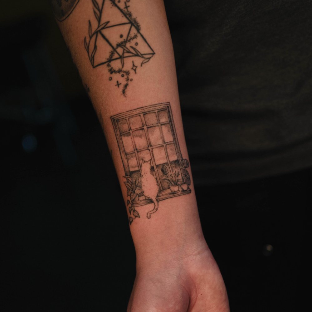 Cat in the window tattoo by Ash Barroga