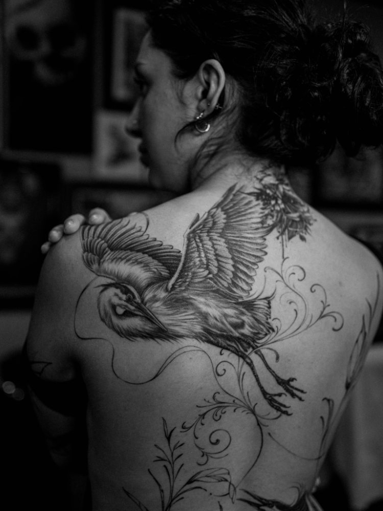 Cranes & leaves tattoo by Ash Barroga