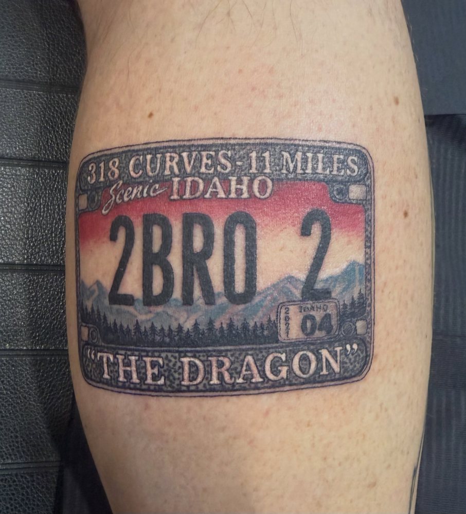 License plate tattoo by Bryan Adam