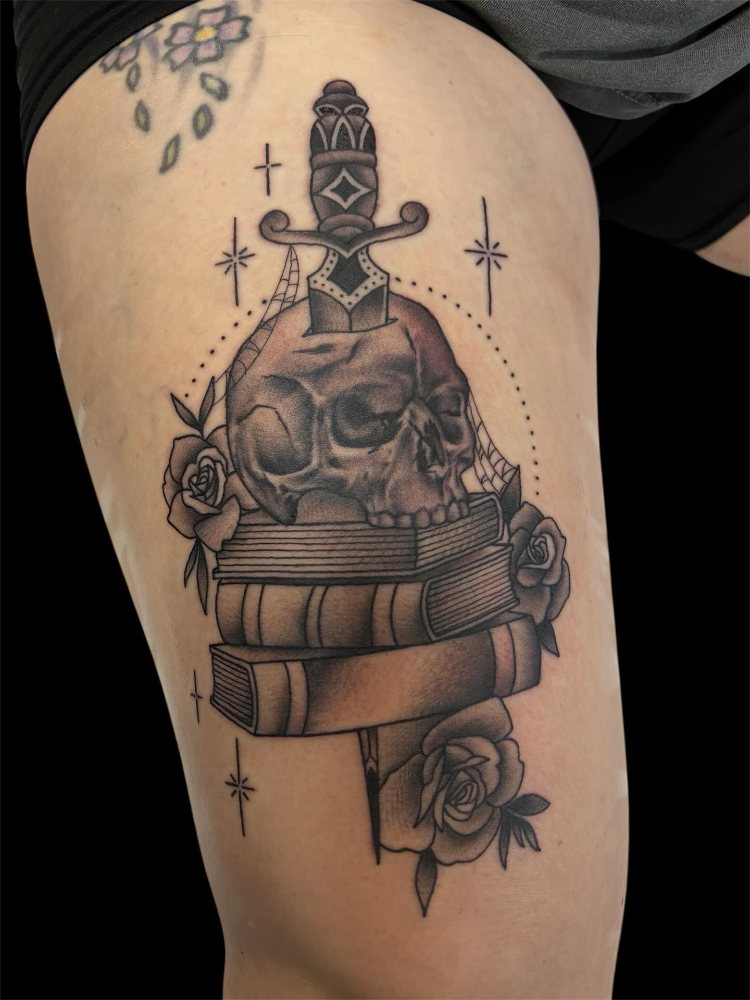 Lantern, frog & flowers tattoo by Bryan Adam