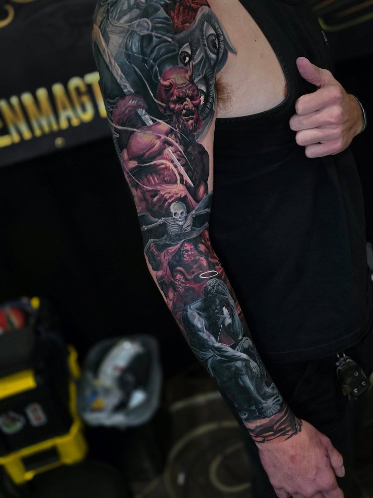Oni & dragon sleeve tattoo by Chase