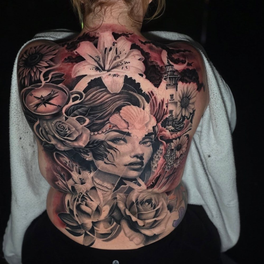 Mermaid, ocean & roses tattoo by Chase