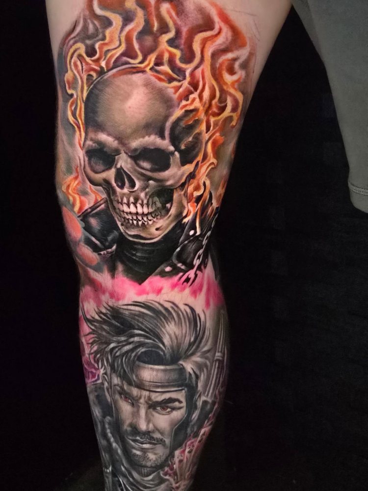 Gambit skull and flames tattoo by Jason
