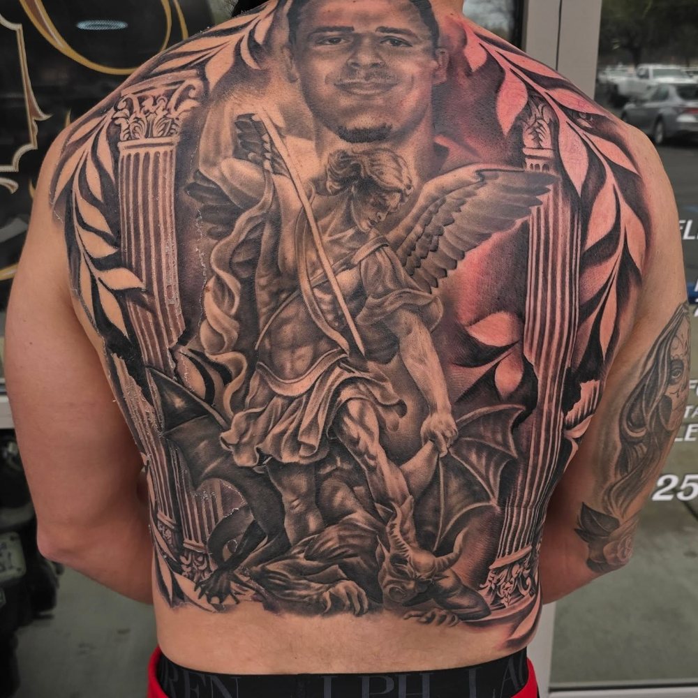 Memorial backpiece tattoo by Jason Lawson