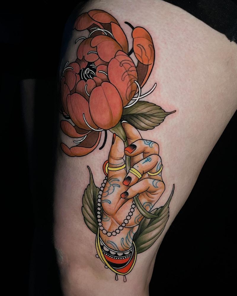 Hand & peony tattoo by Marvin