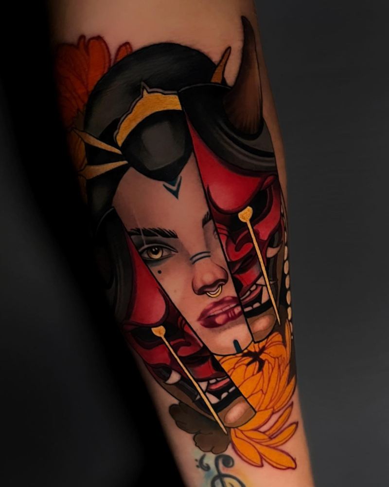 Woman & demon tattoo by Sinai Alba