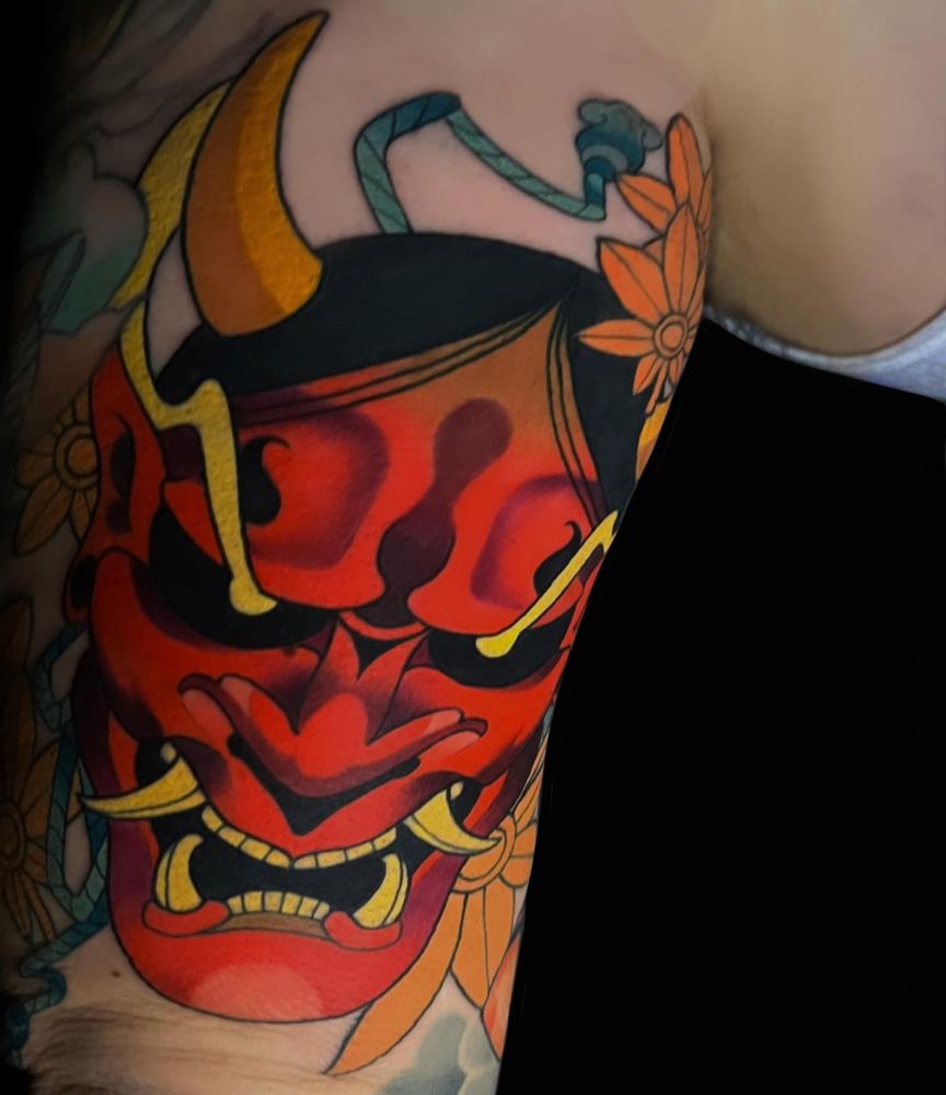Oni mask tattoo by Sinai Alba
