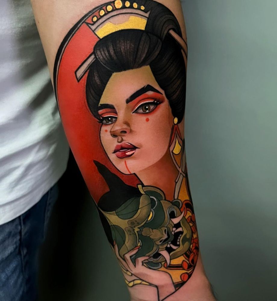 Geisha & snake tattoo by Sinai Alba
