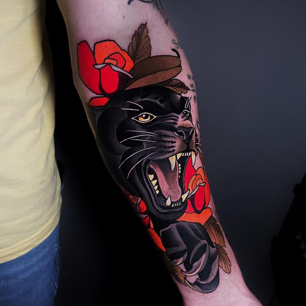 Panther & rose tattoo by Sinai Alba